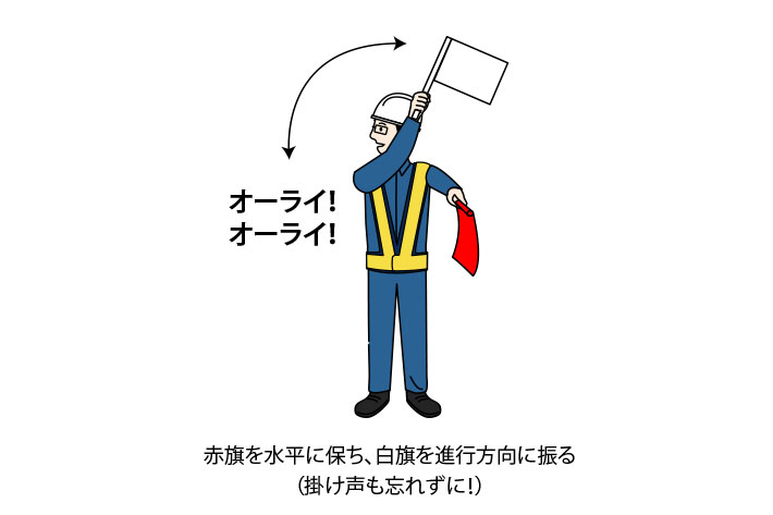 交通誘導の手旗を持った誘導員が後進の合図を行っているイラスト